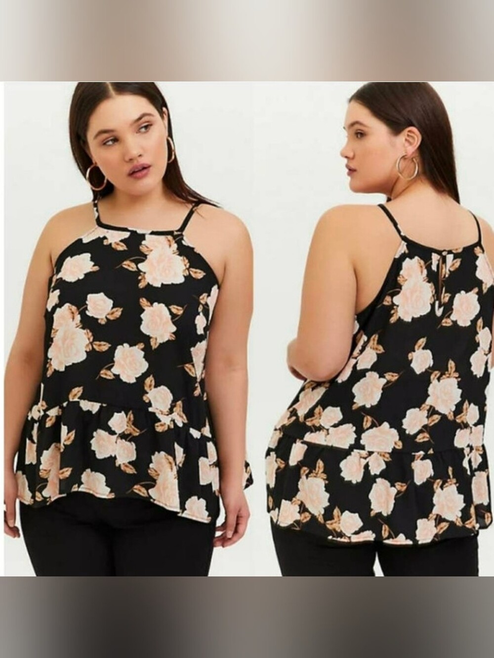Torrid Black Floral Georgette Drop Waist Halter Top. 1X